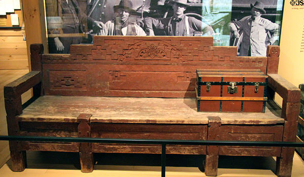 AT&SF Santa Fe station bench (c1930) at New Mexico History Museum. Santa Fe, NM.