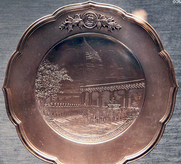 USS New Mexico ship's silver service (1917) with scene of Gen. Kearney's occupation at New Mexico History Museum. Santa Fe, NM.