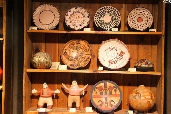Indian pottery in shop at Wheelwright Museum of the American Indian. Santa Fe, NM.