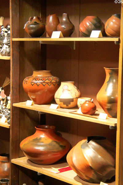 Indian pottery in shop at Wheelwright Museum of the American Indian. Santa Fe, NM.