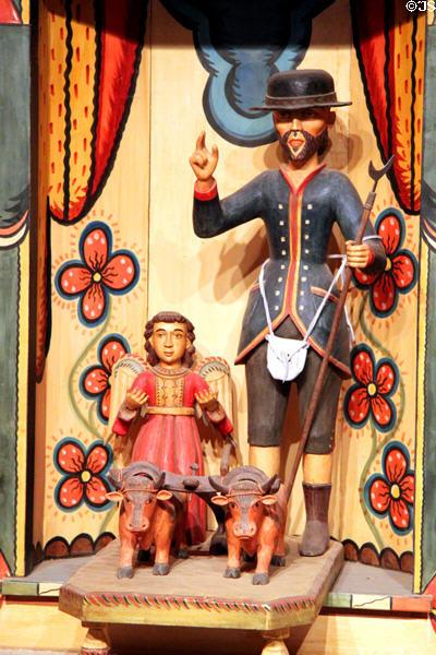 Bulto of St Isidore by Alcario Otero in Golondrinas Chapel at Rancho de las Golondrinas. Santa Fe, NM.