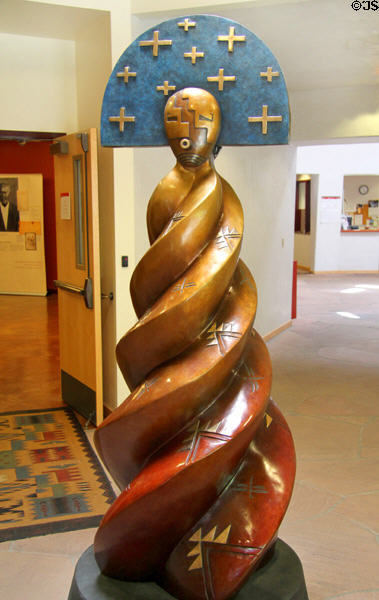 Spiral sculpture moon side by Joe Cajero Jr. at Indian Pueblo Cultural Center. Albuquerque, NM.