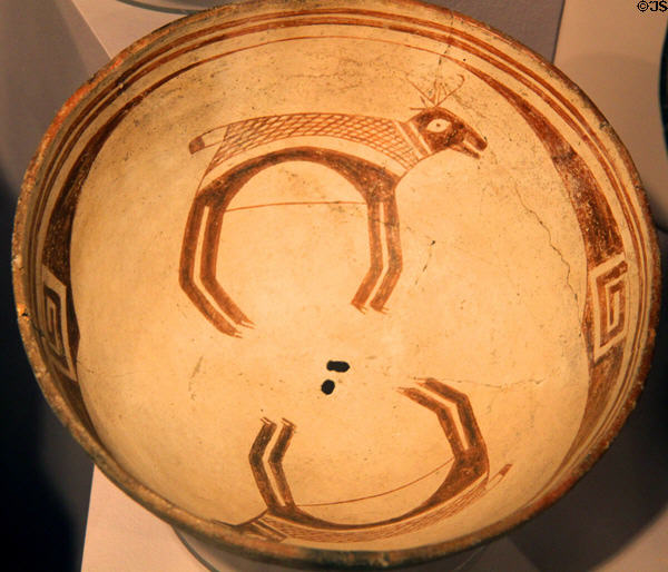 Rio Grande valley red-on-white pottery bowl with deer at Maxwell Museum of Anthropology. Albuquerque, NM.