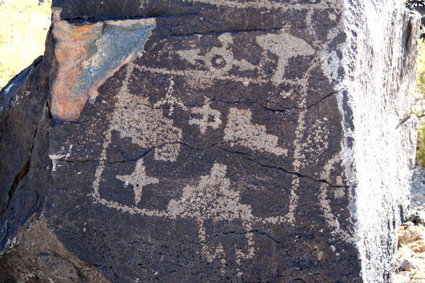 Petroglyph with stepped structures (1300-1600) at Petroglyph National Monument. Albuquerque, NM.