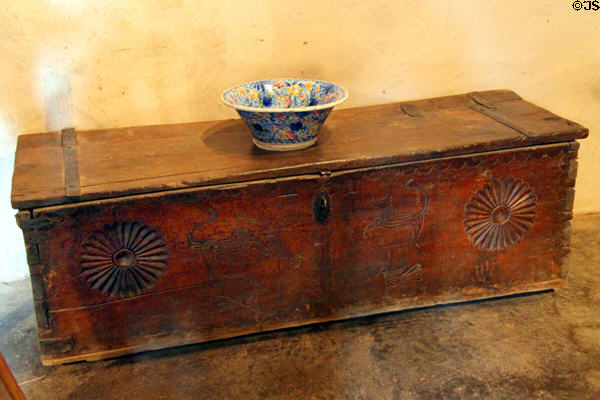 Harinero carved grain chest from New Mexico at Hacienda de los Martinez. Taos, NM.