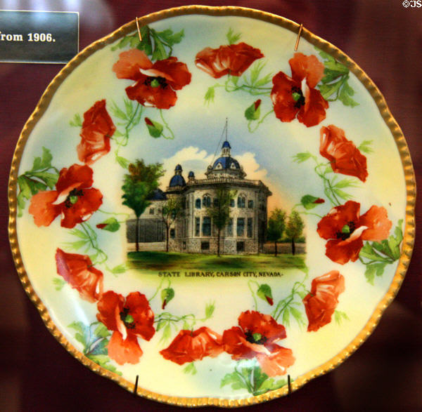 Commemorative plate (1906) with octagonal addition to Nevada State Capitol. Carson City, NV.