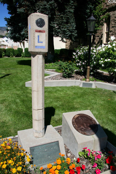 Lincoln Highway & Pony Express markers on grounds of Nevada State Museum. Carson City, NV.