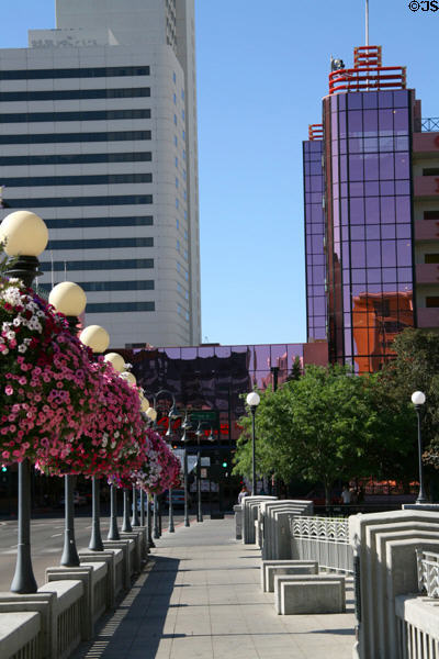 N. Center Street bridge over Truckee River plus copper colored towers of parking structure. Reno, NV.