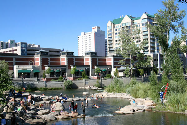 Wingfield Park on Truckee River with Riverside Century Theaters, Harrah's & The Palladio. Reno, NV.