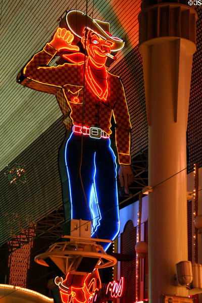 Golden Nugget Casino's neon Lucky Luke sign at night on Freemont Street. Las Vegas, NV.