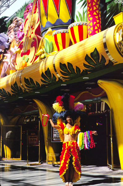 Freemont Street feathered model inviting pedestrians into casinos. Las Vegas, NV.