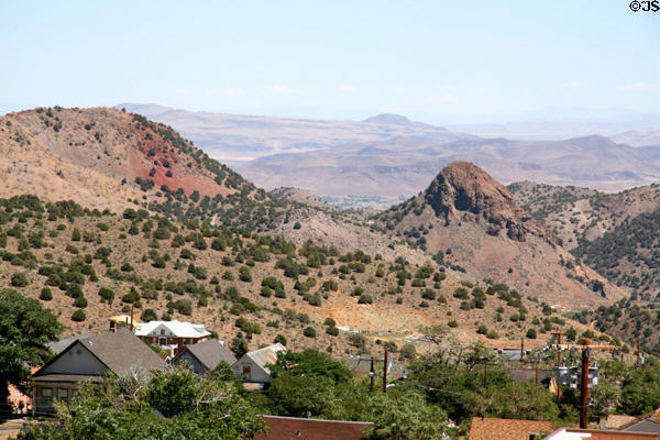 Virginia City buildings nestled in mother lode hills. Virginia City, NV.