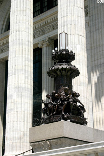 Lamp stands with statues of students on steps of New York State Education Department. Albany, NY.