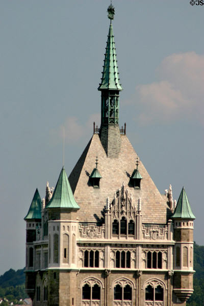 Top of Tower of SUNY Admin building with model of Henry Hudson's ship Half Moon at pinnacle. Albany, NY.