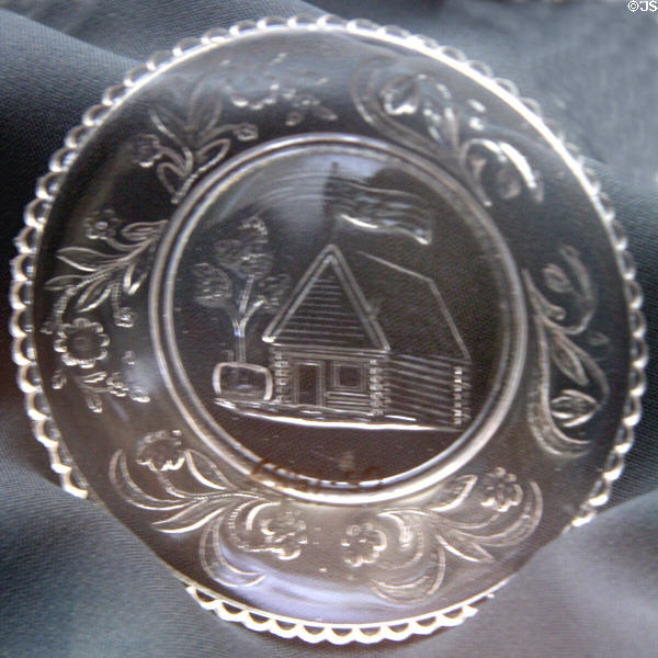 W.H. Harrison log cabin pressed Sandwich Glass cup plate with log cabin (c1840) at Buffalo History Museum (BECHS). Buffalo, NY.