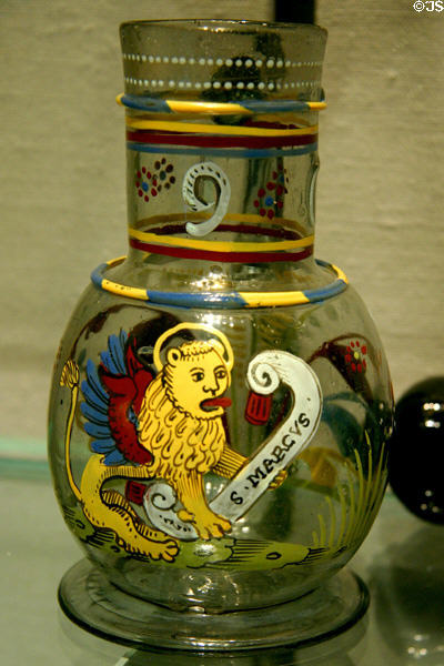 German or low countries green glass jug with lion of St. Mark (1590) at Corning Museum of Glass. Corning, NY.