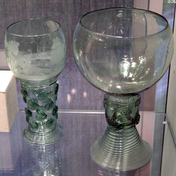 German glass Roemers (17th-18thC) including one with hunting scene & one giant at Corning Museum of Glass. Corning, NY.