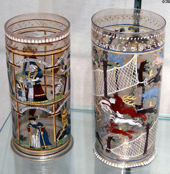 Bohemian glass Humpen, with Ages of Women design (late 16thC - early 17thC) & Humpen with Hunting scene (1585) at Corning Museum of Glass. Corning, NY.