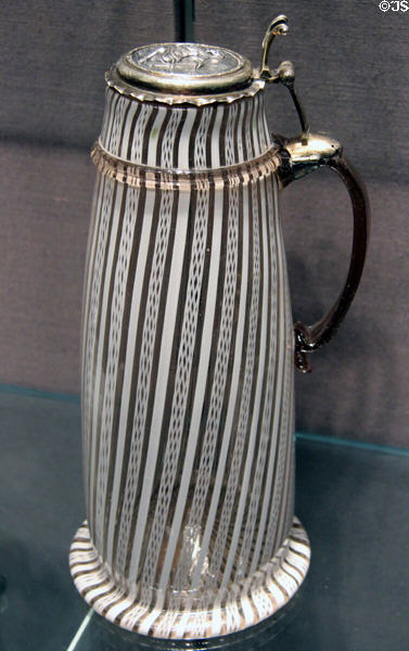 German or Low Countries glass tankard (17thC) with silver lids added decades later at Corning Museum of Glass. Corning, NY.