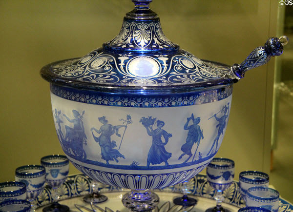 Detail of acid-etched & cut glass design of French Baccarat punch bowl (1867) at Corning Museum of Glass. Corning, NY.