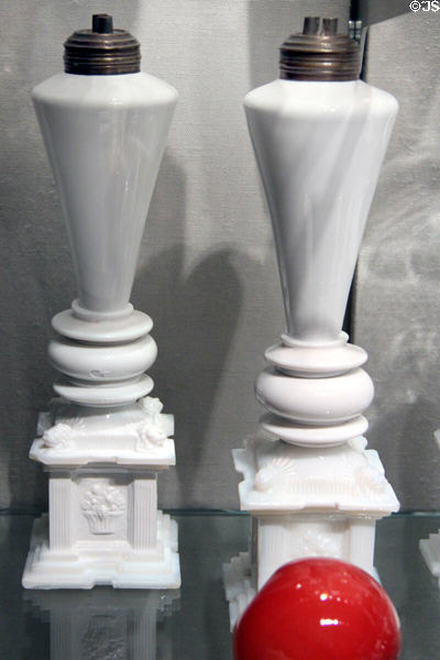 American white glass whale oil lamps (1830-40) by New England Glass Co. of Cambridge, MA at Corning Museum of Glass. Corning, NY.