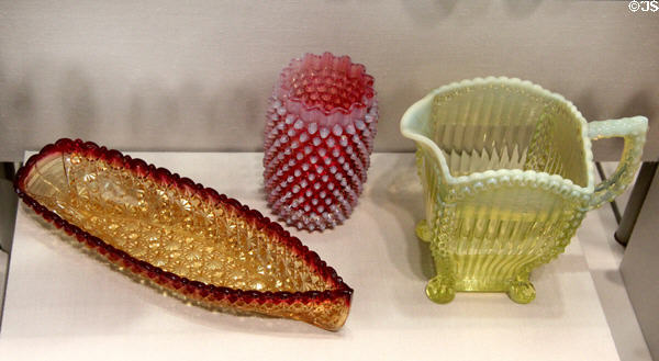 Amberina & Opalescent Celery dishes (1886-91) by Hobbs, Brockunier & Co. of Wheeling, WV & Alaska pattern pitcher (1897-1901) by North Glass Co. of Indiana, PA at Corning Museum of Glass. Corning, NY.