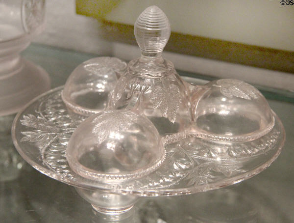 Covered server for hard-boiled eggs in Floral Ware pattern (1869-91) by King, Son & Co. of Pittsburgh at Corning Museum of Glass. Corning, NY.