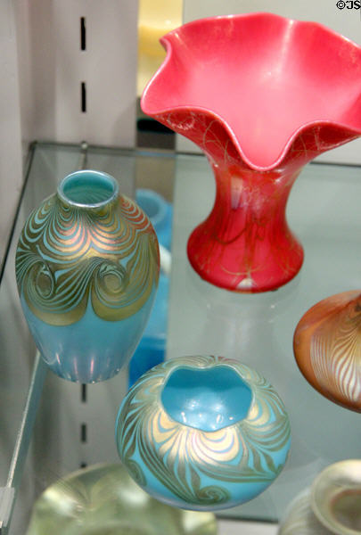 Decorated iridescent glass (1910-30) by Steuben Glass at Corning Museum of Glass. Corning, NY.