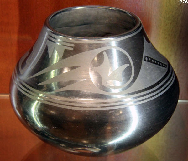 Black ceramic jar (c1935-9) by Maria Montoya Martinez & Julian Martinez at Rockwell Museum of Art. Corning, NY.