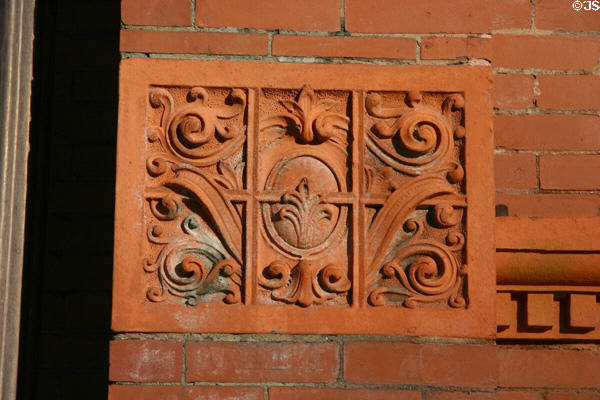 Molded terra cotta decoration of First Methodist Church. Corning, NY.