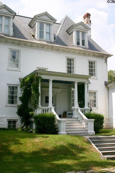 Entrance of Clermont House where Robert R. Livingston (1746-1813) lived. He was one of five who drafted the Declaration of Independence, negotiator of the Louisiana Purchase, administered the Presidential oath of office to George Washington, & shared in the invention of the steamboat with Robert Fulton. Germantown, NY.