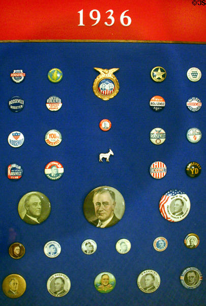 Collection of Roosevelt campaign pins from 1936 in Presidential Museum. Hyde Park, NY.