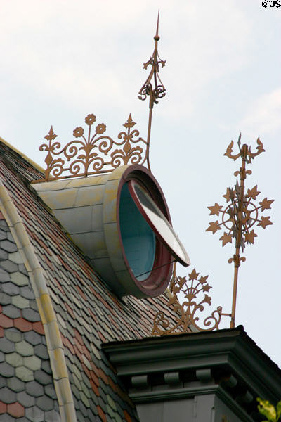 Finials & round roof window openings of Octagon House. Irvington, NY.