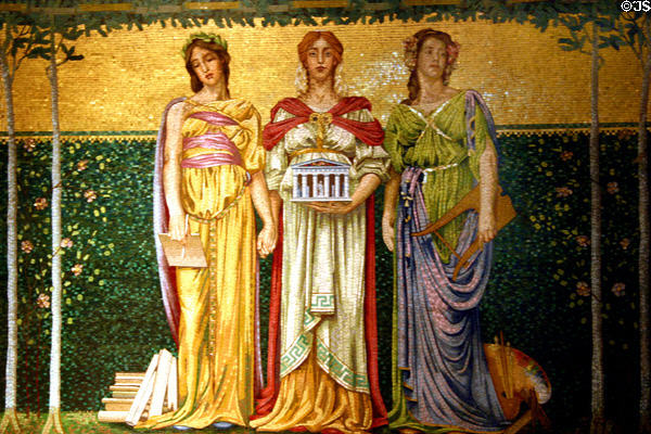 Mosaic to letters, architecture & arts in Sage Chapel on Cornell Campus. Ithaca, NY.