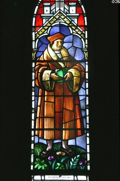 Stained glass windows with Erasmus in Sage Chapel on Cornell Campus. Ithaca, NY.