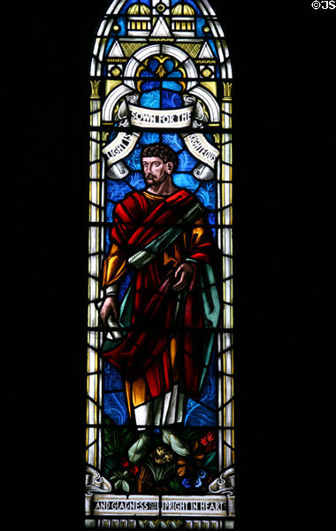 Stained glass windows with Light is Sown for the Righteous in Sage Chapel on Cornell Campus. Ithaca, NY.