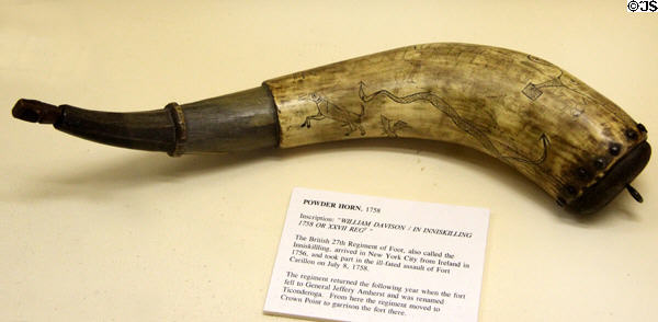 Powder horn inscribed William Davison of 27th Regiment (1758) at Fort Ticonderoga. Ticonderoga, NY.