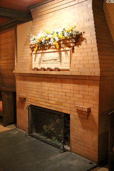 Fireplace over The Library, a wing of original print shop at Roycroft Inn. East Aurora, NY.