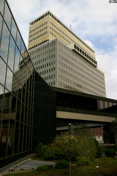 Tower 280 (former Midtown Tower) (1962) (280 E Broad St.) with projecting row of windows over black Xerox building. Rochester, NY.