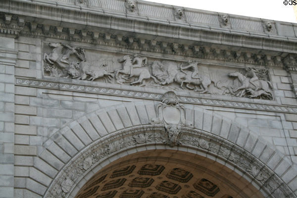 Buffalo Hunt (1916) frieze by Charles Cary Rumsey on Manhattan Bridge Arch. New York, NY.