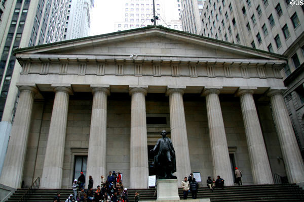 Federal Hall National Memorial (former U.S. Custom House & Treasury) (1833-42) (28 Wall St.). New York, NY. Style: Neoclassical. Architect: Town & Davis + Samuel Thompson + William Ross & John Frazee. On National Register.
