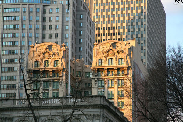 Former Emigrant Industrial Savings Bank in front of Foley Square Federal Office & Javits Federal Buildings. New York, NY.