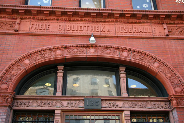 Terra cotta details of Freie Bibliotek u. Lesehalle (Ottendorfer Branch of New York Free Circulating Library) first building in Manhattan lending books free. New York, NY.