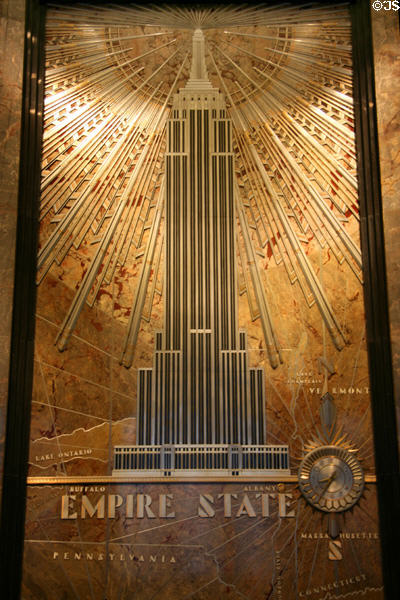 Lobby artwork showing Empire State Building on map. New York, NY.