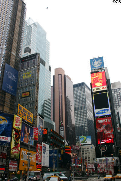 Bright signs & modern highrises on Times Square. New York, NY.