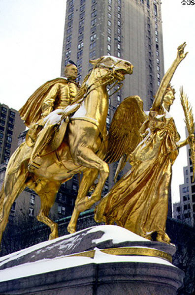 William Tecumseh Sherman memorial in winter snow. New York, NY.