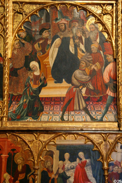 Wicked mother killed by fire from heaven detail from Life of St Andrew Retable at The Cloisters. New York, NY.