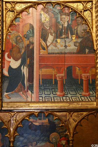 St Andrew saves bishop from devil disguised as a fair woman detail from Life of St Andrew Retable at The Cloisters. New York, NY.