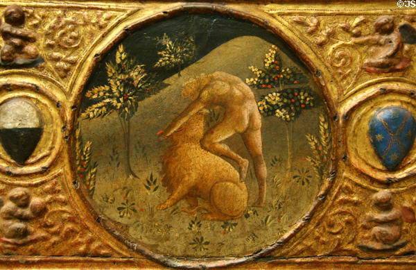 Slaying the Nemean lion from Labors of Hercules tempura (2nd Quarter 15thC) from Florence at Metropolitan Museum of Art. New York, NY.
