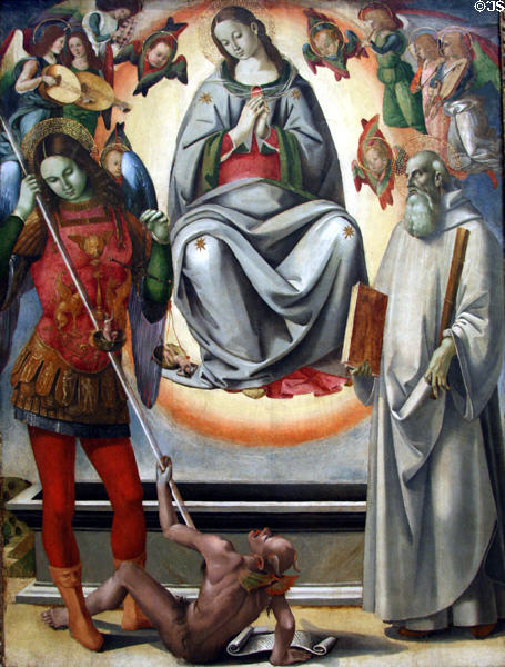 Assumption of the Virgin with St Michael & St Benedict painting (late 1480s) by Luca Signorelli & workshop at Metropolitan Museum of Art. New York, NY.